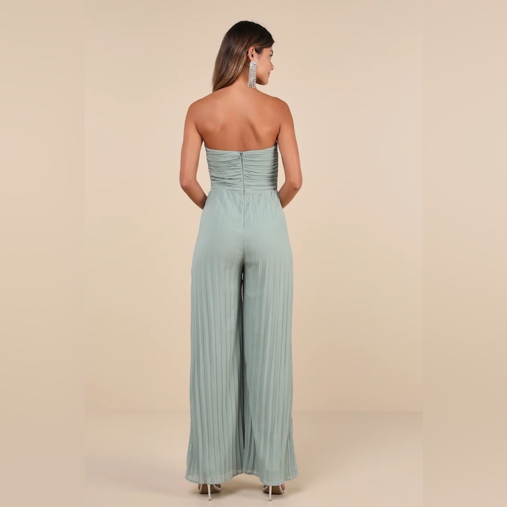 Lulus Certainly Charming Sage Pleated Strapless Wide-Leg Jumpsuit - Picture 2 of 8